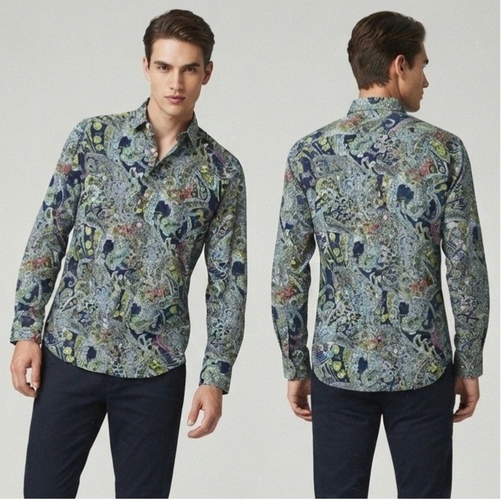 Alan Flusser Mens Large Paisley Button Down Shirt Navy Blue‎ Green Cotton Large